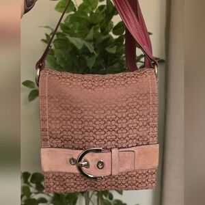Coach Belted Soho Flap Pink Signature C Fabric and Suede Crossbody